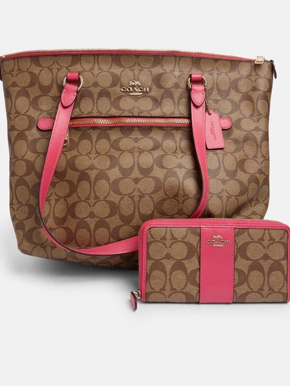 Coach Brown Monogram Tote with Pink Trim - Picture 2 of 4